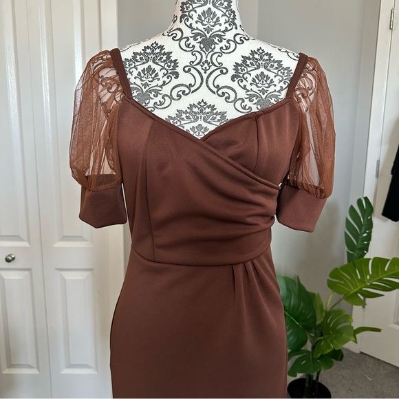 Brown Mesh Puff Sleeve Dress - Picture 4 of 4